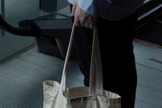 Person holding a tote bag on an escalator, ideal for mockup graphics, stylish accessory design showcase, with space for branding.